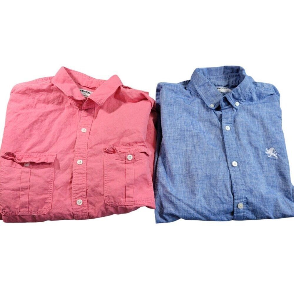 Lot Express Shirt Mens Large Pink Blue Crest Long Sleeve Button Up Preppy